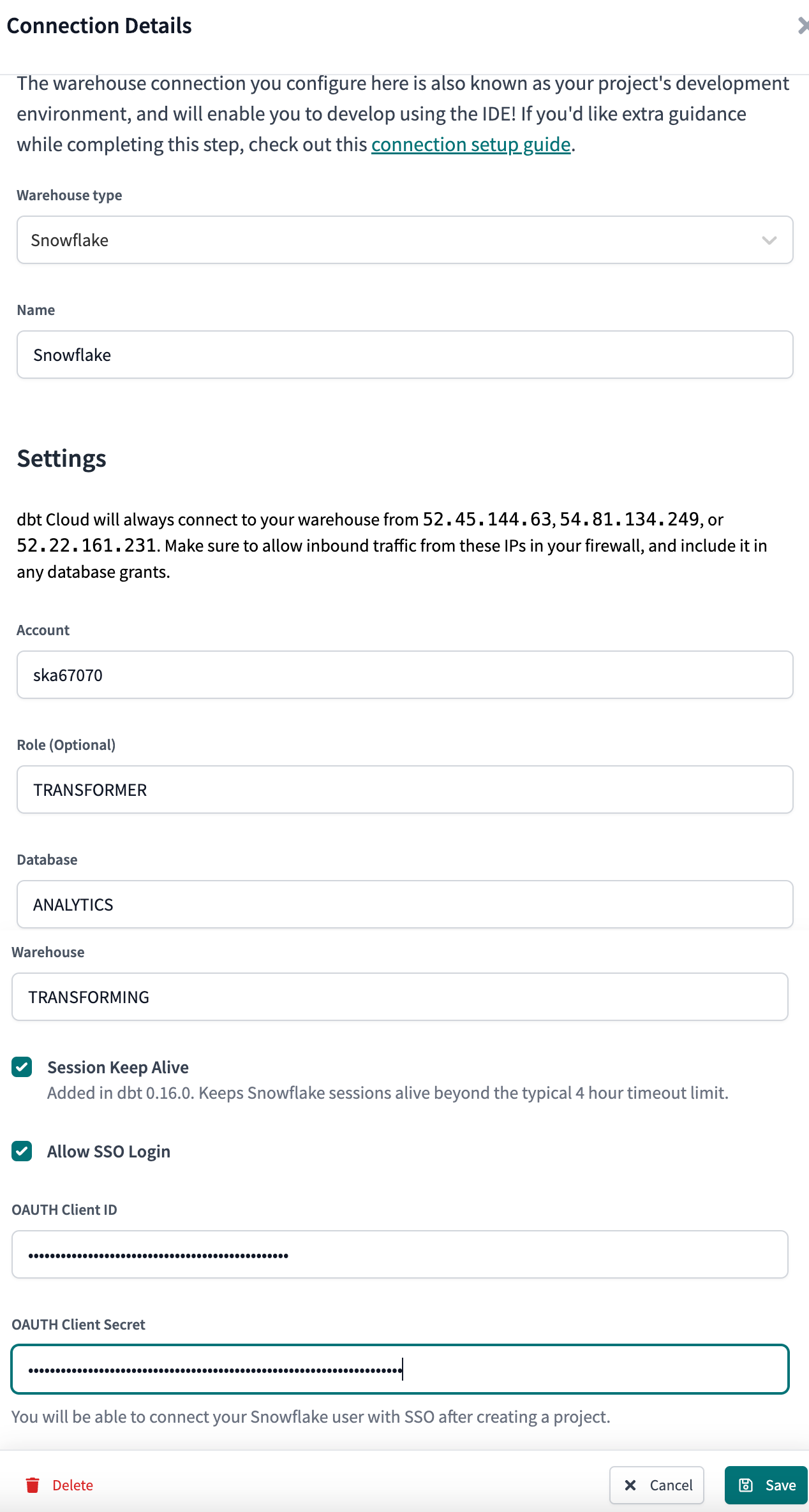 Configuring Snowflake OAuth credentials in dbt Cloud